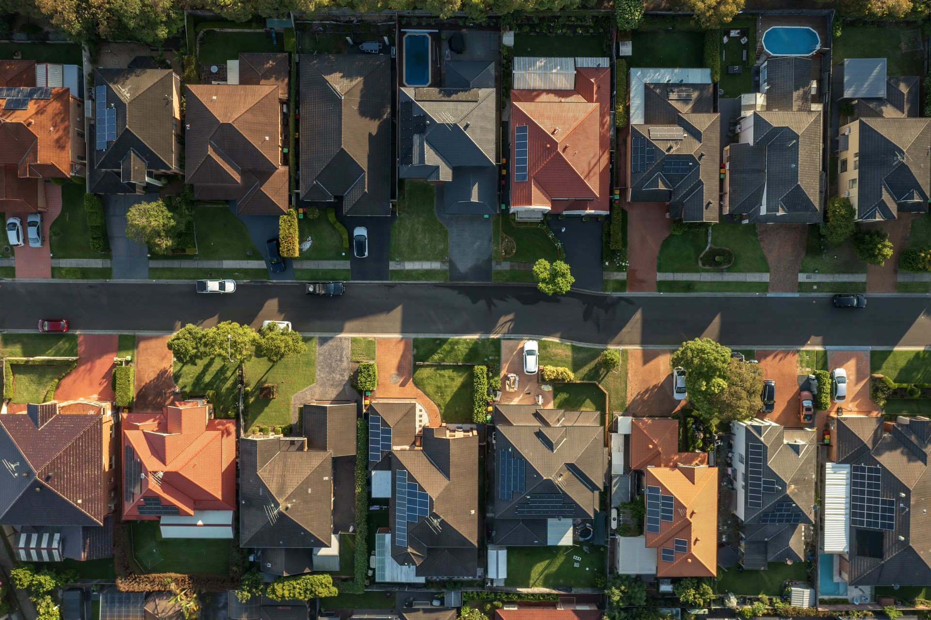 Aerial view of a house-lined street in suburban Sydney, Australia